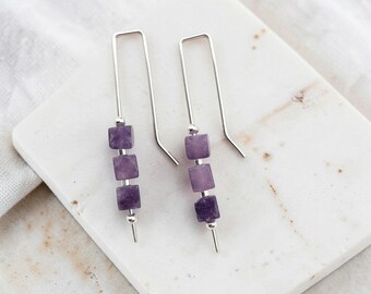 Amethyst Cube Sterling Silver Threader Earrings - Handmade Jewelry