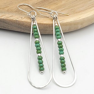 Handmade Silver Boho Hoop Earrings with Green Turquoise Beads - Perfect for Bohemian Style Lovers