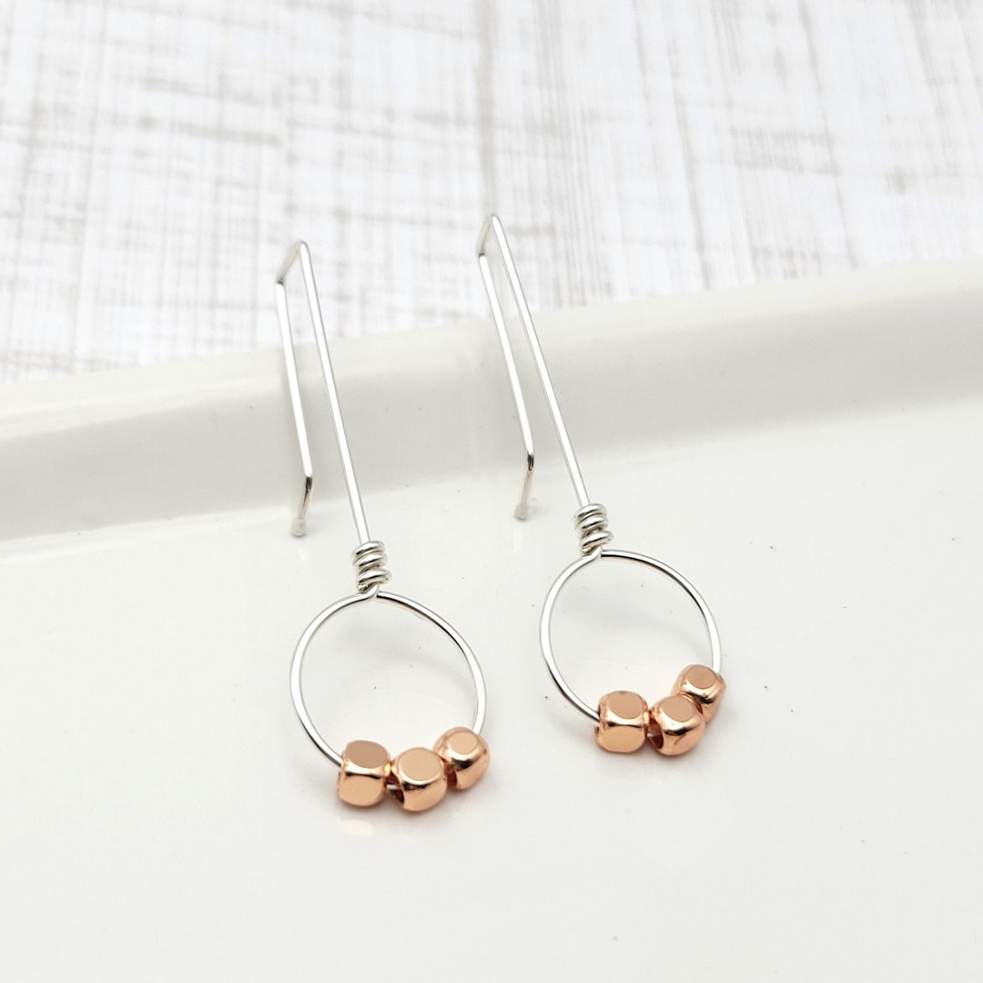Silver Threader Hoop Earrings With Copper Long Hoop Threader Hoop ...