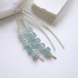 Aquamarine Sterling Silver Threader Earrings - Handmade March Birthstone Jewelry