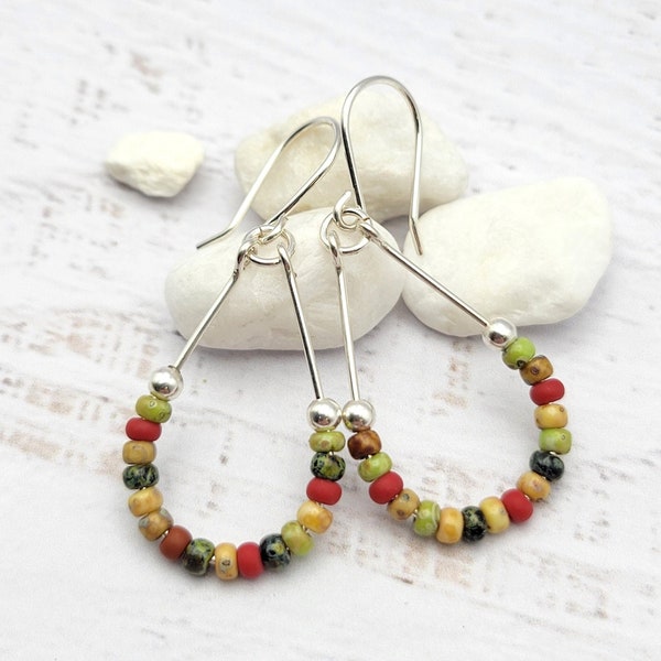 Boho Hoop Earrings - Sterling Silver Hoops with Colorful Beads - Beaded Hoops - Spring Color Beaded Earrings - Handmade Earrings