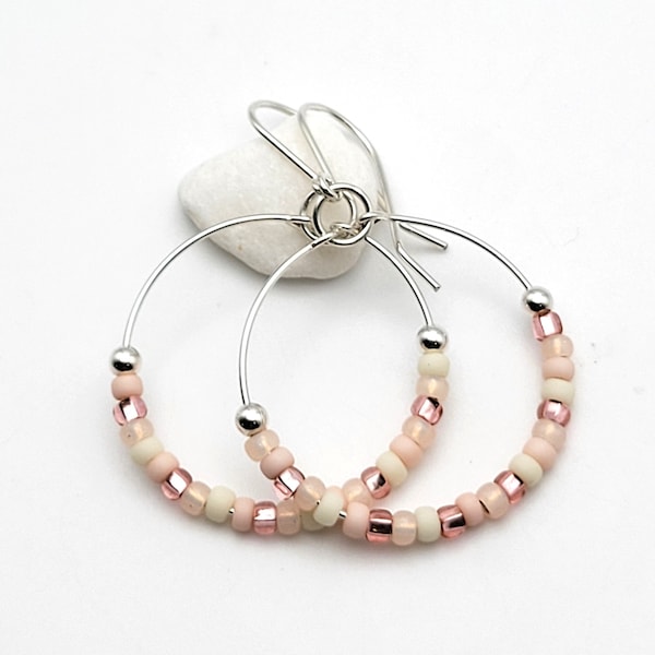 Pale Pink Beaded Boho Hoop Earrings - Seed Bead Earrings - Handmade Jewelry - Beaded Hoop Earrings