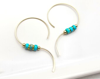 Gold Hoop Earrings, Open Hoop Earrings, Turquoise and Gold Hoops, Modern Gold Hoops, Handmade Open Heart Earrings, Heart Hearrings