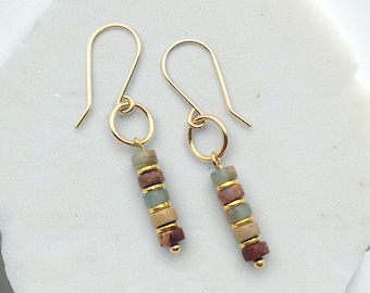 Jasper and Gold Dangle Earrings, Earth Tone Beaded Earrings