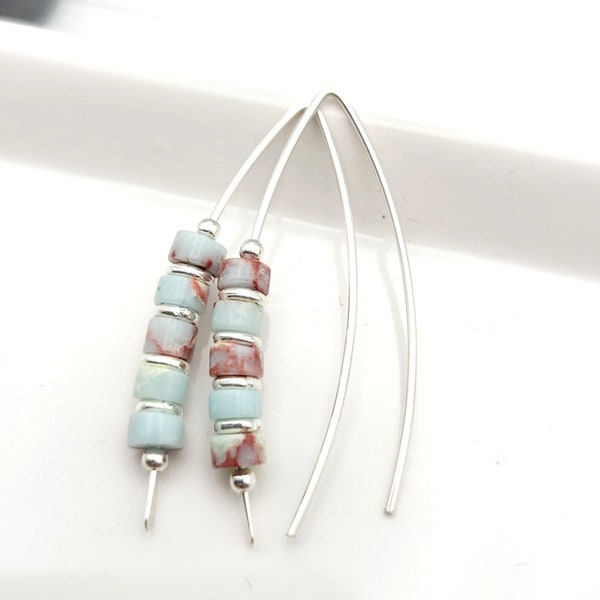 Handmade Silver Threader Earrings, Aqua Terra Jasper and Sterling Silver Threader Earrings, Silver Gemstone Earrings, Gift for her, boho