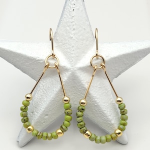 Gold Beaded Teardrop Earrings, Gold & Green Beaded Earrings, Minimalist Dangle Earrings, Seed Bead Earrings, Handmade Gold Hoops