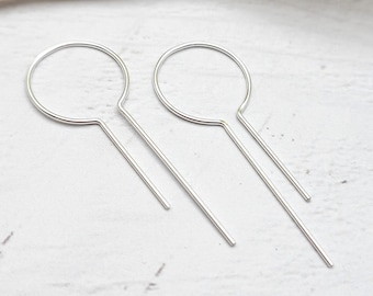 Silver Keyhole Hoop Earrings, Long hoop earrings, Open Hoop Threader Earrings, Minimalist Wire earrings