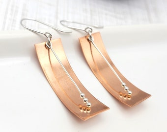 Shiny Copper Dangle Earrings with Sterling Silver, Handmade copper Earrings