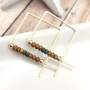Handmade Square Gold Hoops - 14K Gold Filled Wire Earrings with Green and Tan Seed Beads