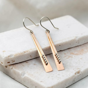 Modern Copper Earrings with Sterling Silver Dangle - Long Shiny Style - Gift for er