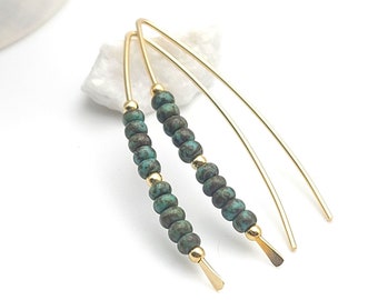 Handmade 14k Gold Filled Minimalist Green Turquoise Threader Earrings