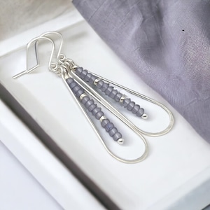 Long Silver Beaded Teardrop Hoop Earrings - Boho Style - Gift for Her - Handmade Jewelry