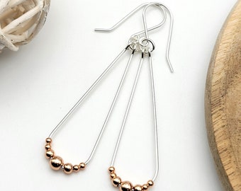 Handmade Silver and Copper Dangle Hoop Earrings - Handmade Earrings - Minimalist Earrings