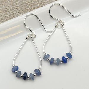 Handmade Silver and Blue Aventurine Hoop Earrings - Boho Hoop Earrings - Silver Beaded Hoops - Teardrop Hoop Earrings