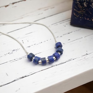 Sterling Silver Chain Necklace with Lapis Lazuli Beads - Gift for Her - Handmade Jewelry