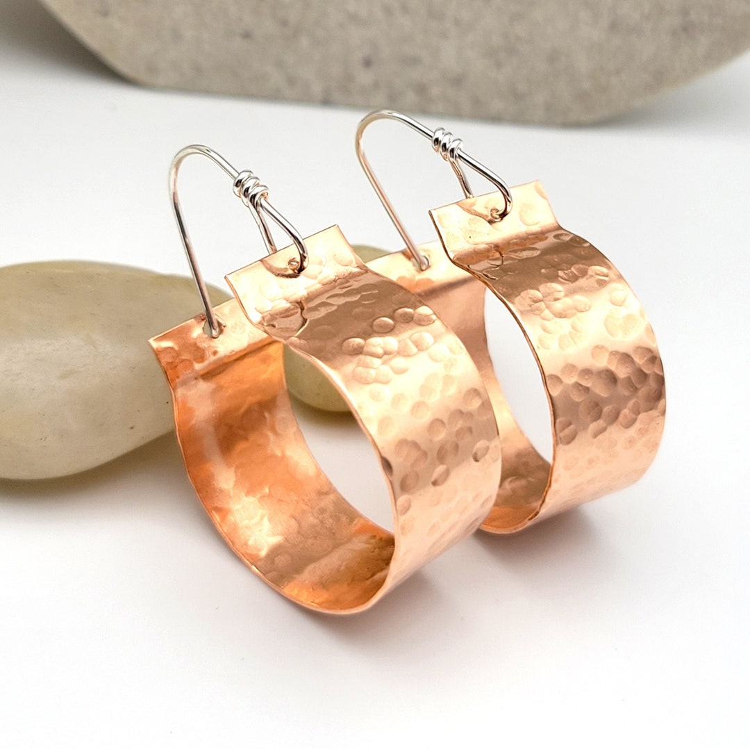 Hammered Copper Hoop Earrings Large Copper Hoops Rose Gold Etsy