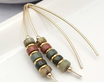Handmade Gold Threader Earrings, Red Creek Jasper Earrings, Wishbone Threader Earrings, Boho Beaded Earrings, Handmade Earrings