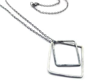 Silver Square Necklace / Oxidized Square Pendant / Floating Square Necklace / Geometric Necklace / Minamalist Necklace