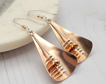 Shiny Copper Dangle Earrings with Sterling Silver - Gift for Her - Mothers Day Gift