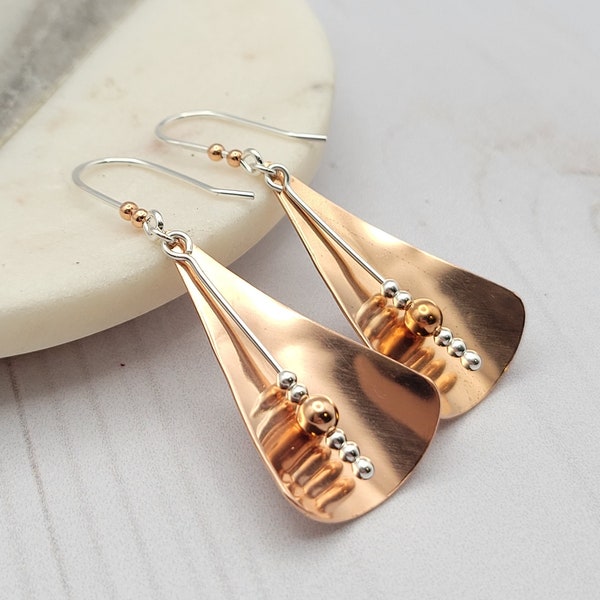 Shiny Copper Dangle Earrings with Sterling Silver - Gift for Her - Mothers Day Gift
