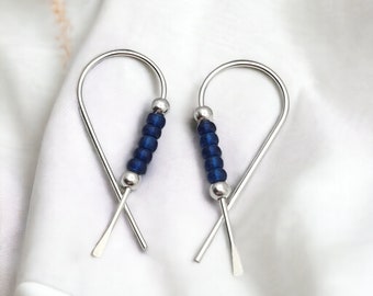 Sterling Silver and Blue Ribbon Threader Earrings, Gift for Her, Handmade Jewelry,