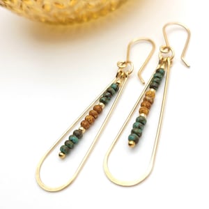 Long 14K Gold Filled Hoop Earrings with Turquoise and Tan Miyuki Seed Beads - Handmade Boho Style Jewelry