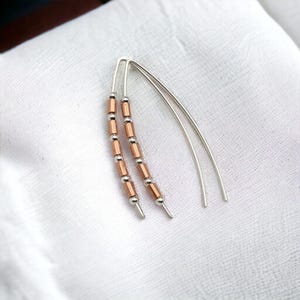 Sterling Silver and Copper beaded threader earrings, Wishbone Earrings, mixed metal earrings, Open Hoop Earrings