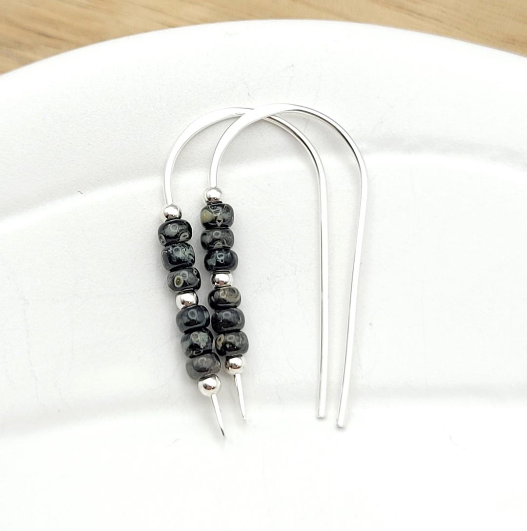 Silver and Black Beaded Threader Earrings - Dainty Threaders - Black ...
