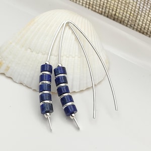 Handmade Lapis Lazuli and Sterling Silver Threader Earrings, Modern Lapis Earrings, Open Hoop Earrings, Lapis Lazuli Wishbone Threaders