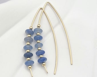 Handmade Gold & Blue Aventurine Beaded Threaders - Gold Threader Earrings - Boho Beaded Earrings - Blue Beaded Earrings - Arc Earrings