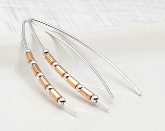 Sterling Silver and Copper beaded threader earrings, Wishbone Earrings, mixed metal earrings, Open Hoop Earrings