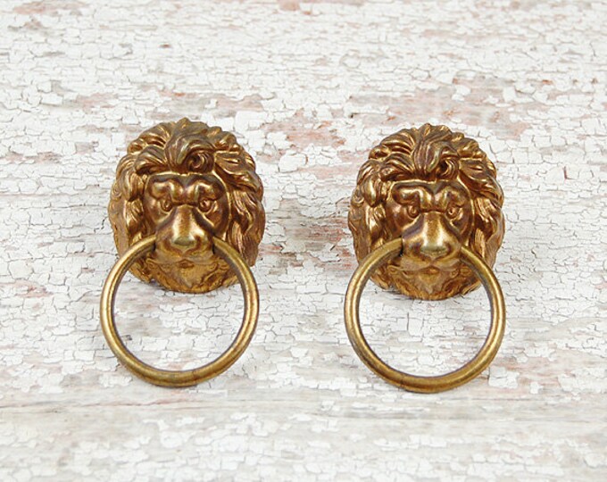 Antique Lion Head Drawer Pulls Cast and Stamped Brass Hardware