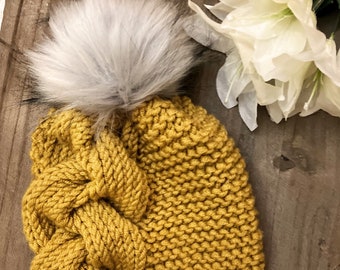 Mustard Yellow Hand Knit Adult Hat / Gray Pompom / Big Braid Cable Knit Adult Hat / Mustard Yellow Beanie