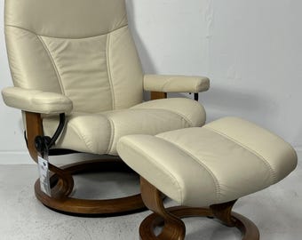 Ekornes Stressless Large CONSUL Vanilla Leather Swivel Recliner Chair & Ottoman