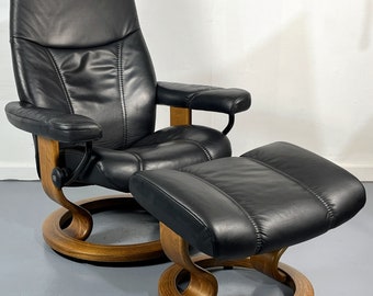 Ekornes Stressless Black Leather Swivel Recliner and Ottoman Small "Consul Model Made in Norway