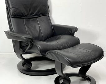 Ekornes Stressless Large ADMIRAL Black Leather Swivel Recliner & Ottoman