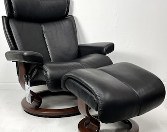 Ekornes Stressless Large "MAGIC" Black Leather Swivel Recliner Chair & Ottoman