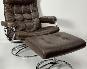 Vintage Mid Century Ekornes Stressless Recliner Ottoman Brown Leather on Chrome