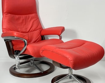 Ekornes Stressless Red Leather Medium Size Recliner "Signature Base VIEW" Made in Norway