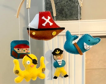 Hand Sewn Pirate Baby Crib Mobile, Wool Felt Nursery Decor