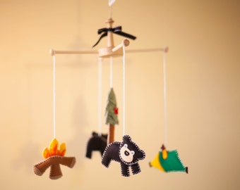 Hand Sewn Camping Baby Mobile, Bears, Tent, Campfire