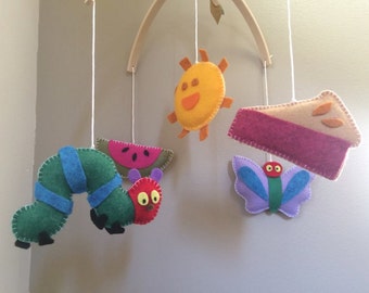Hand Sewn Hungry Caterpillar Baby Mobile, Wool Felt Insects