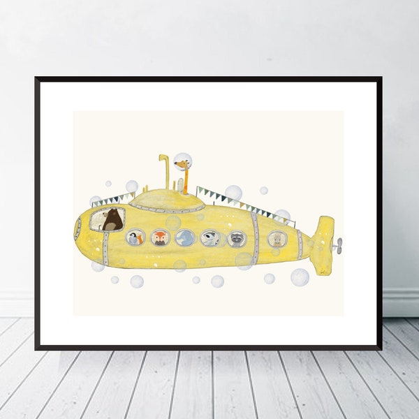 Little Yellow Submarine. Childrens wall art, Nursery prints, Nautical nursery art, Woodland animals, Adventure theme, Cute illustrations.