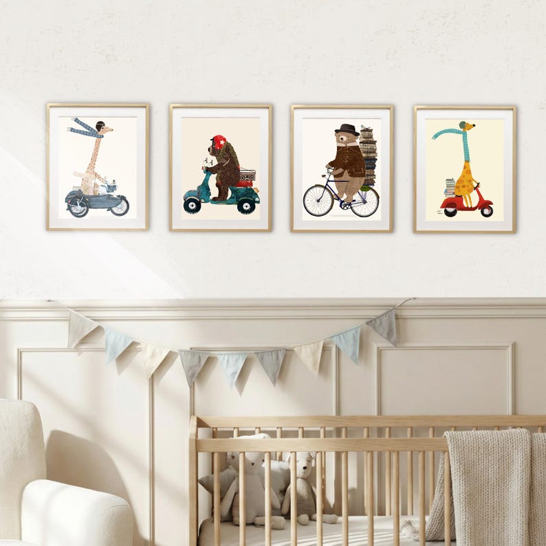 May include: Four framed wall art prints featuring whimsical animal illustrations. The first shows a giraffe on a motorcycle with a sidecar, the second a bear on a scooter, the third a bear on a bicycle with books, and the fourth a giraffe on a red scooter.