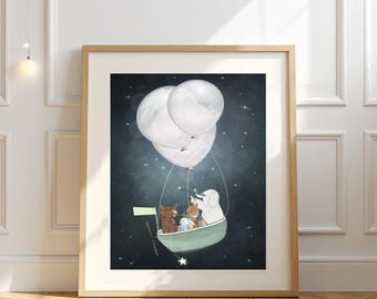 Astrology Adventure Nursery print, Whimsical balloon Animals decor, Kids wall art