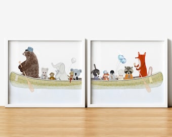 Little Big Canoe. Nursery art, Children&#39;s wall art, Camping wall art, Adventure wall art, Nature wall art, Woodland animals, Whimsical art