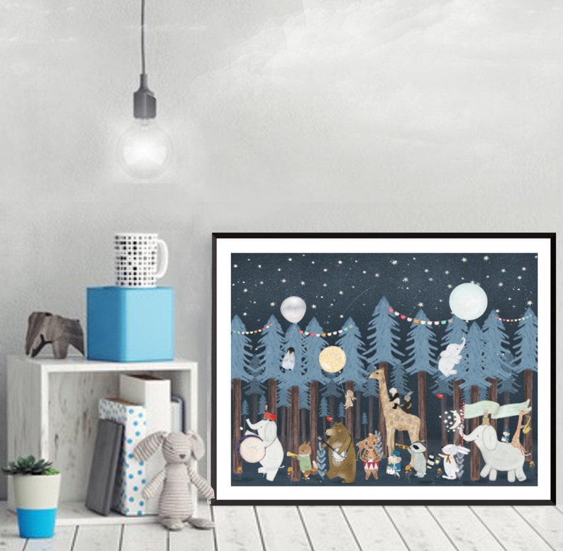 The Twilight Parade. Nursery art, Nursery wall art, Children's wall art, Baby nursery print, Woodland nursery art, Woodland animals print image 4