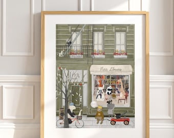 Petite Librairie. Nursery wall art, woodland animals prints, library bookstore print