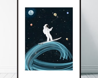 Ondes spatiales. Affiche astronaute, impression du système solaire, affiche du système solaire, art mural surf, affiches de l'espace, impression du système solaire de chambre d'enfant.