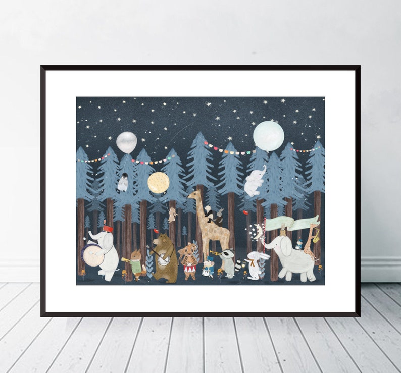 The Twilight Parade. Nursery art, Nursery wall art, Children's wall art, Baby nursery print, Woodland nursery art, Woodland animals print image 1